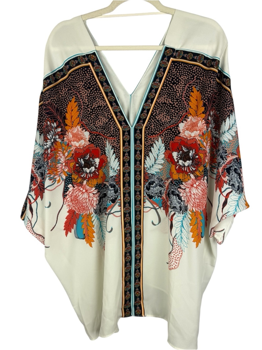 Rose + Olive Floral Border Print Kimono Top Size 2X Boho V-Neck